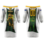 Personalised Tasmania Oztag Mascot Couples Matching Off The Shoulder Long Sleeve Dress and Hawaiian Shirt Green White Stripe Australian Flag Mascot