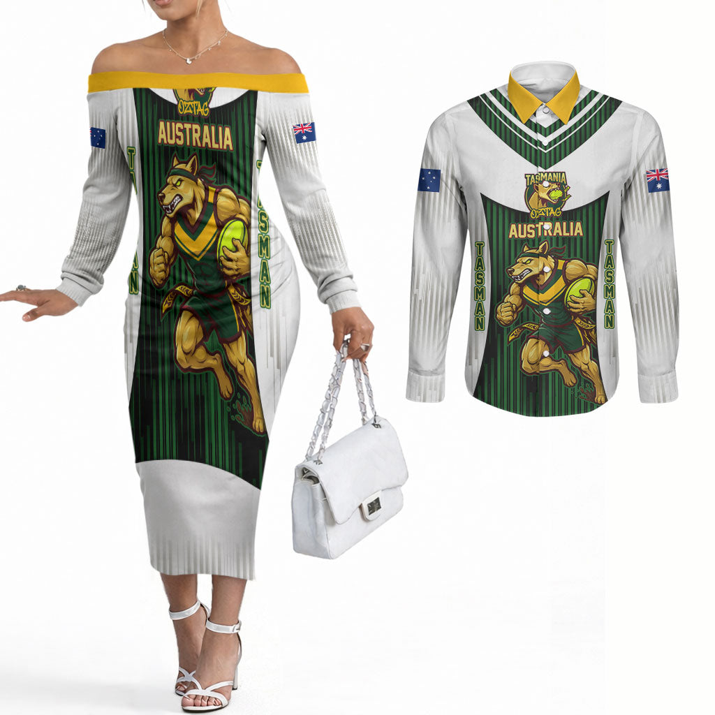 Personalised Tasmania Oztag Mascot Couples Matching Off The Shoulder Long Sleeve Dress and Long Sleeve Button Shirt Green White Stripe Australian Flag Mascot