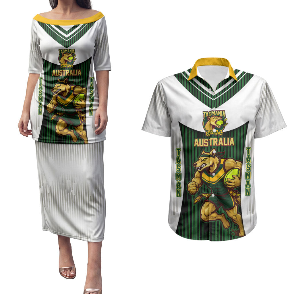 Personalised Tasmania Oztag Mascot Couples Matching Puletasi and Hawaiian Shirt Green White Stripe Australian Flag Mascot