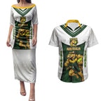Personalised Tasmania Oztag Mascot Couples Matching Puletasi and Hawaiian Shirt Green White Stripe Australian Flag Mascot