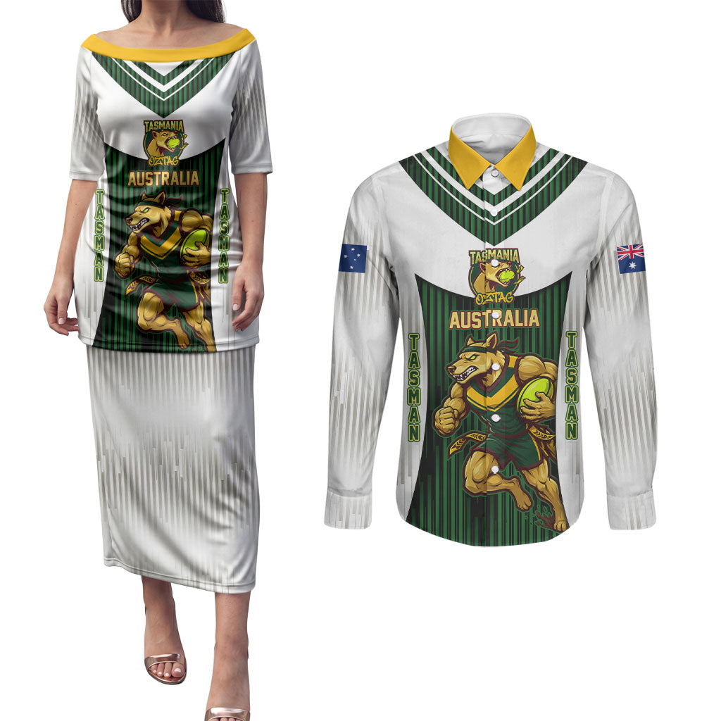 Personalised Tasmania Oztag Mascot Couples Matching Puletasi and Long Sleeve Button Shirt Green White Stripe Australian Flag Mascot