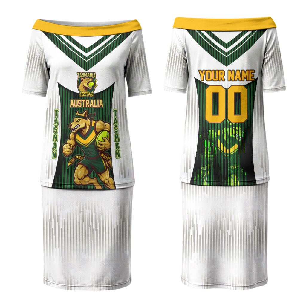 Personalised Tasmania Oztag Mascot Couples Matching Puletasi and Long Sleeve Button Shirt Green White Stripe Australian Flag Mascot