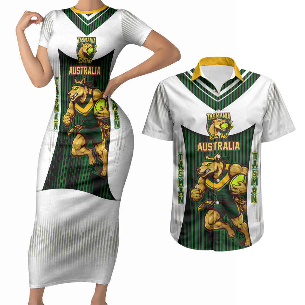Personalised Tasmania Oztag Mascot Couples Matching Short Sleeve Bodycon Dress and Hawaiian Shirt Green White Stripe Australian Flag Mascot