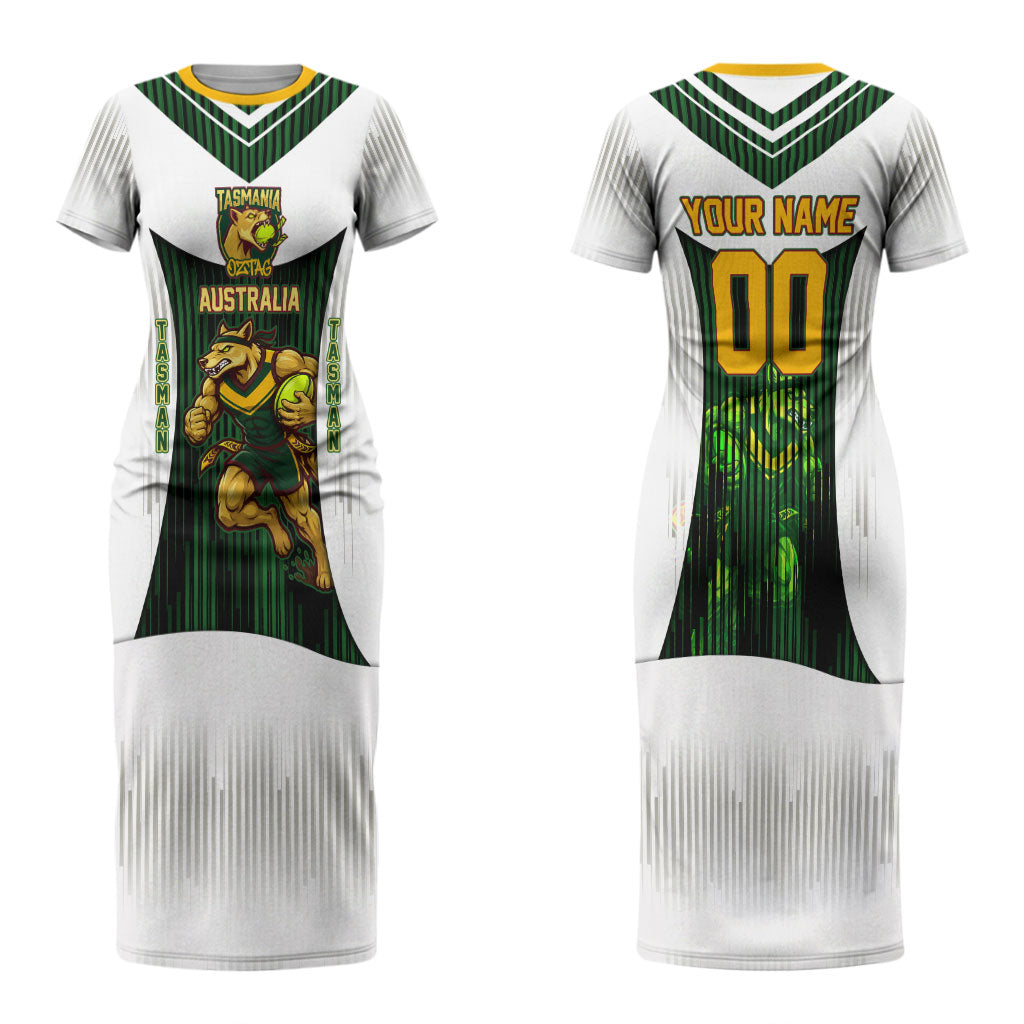Personalised Tasmania Oztag Mascot Couples Matching Short Sleeve Bodycon Dress and Hawaiian Shirt Green White Stripe Australian Flag Mascot