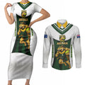 Personalised Tasmania Oztag Mascot Couples Matching Short Sleeve Bodycon Dress and Long Sleeve Button Shirt Green White Stripe Australian Flag Mascot