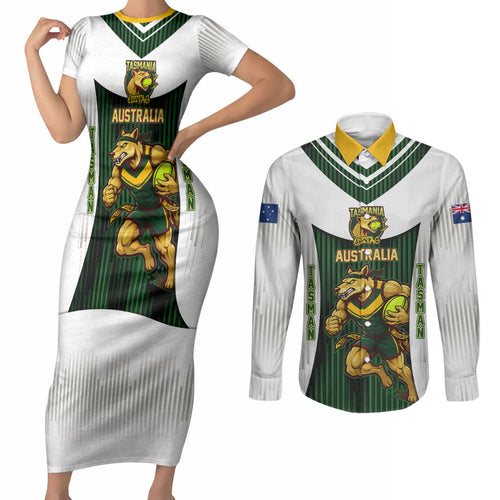 Personalised Tasmania Oztag Mascot Couples Matching Short Sleeve Bodycon Dress and Long Sleeve Button Shirt Green White Stripe Australian Flag Mascot