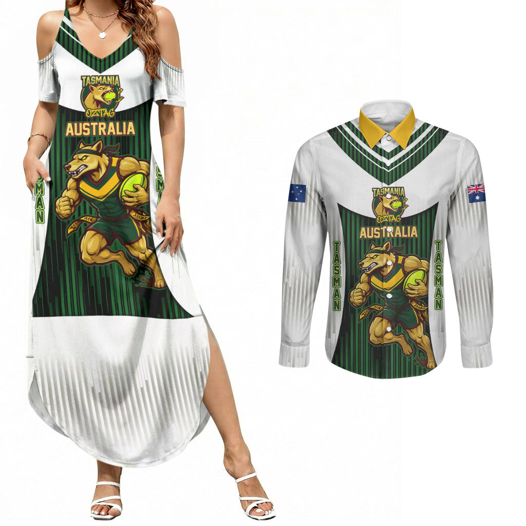 Personalised Tasmania Oztag Mascot Couples Matching Summer Maxi Dress and Long Sleeve Button Shirt Green White Stripe Australian Flag Mascot