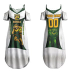 Personalised Tasmania Oztag Mascot Couples Matching Summer Maxi Dress and Long Sleeve Button Shirt Green White Stripe Australian Flag Mascot
