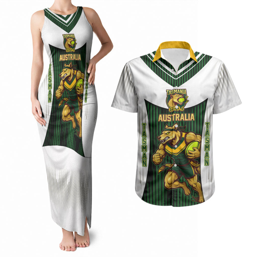 Personalised Tasmania Oztag Mascot Couples Matching Tank Maxi Dress and Hawaiian Shirt Green White Stripe Australian Flag Mascot