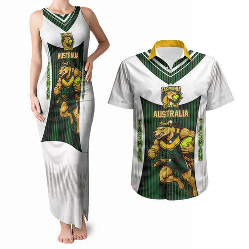 Personalised Tasmania Oztag Mascot Couples Matching Tank Maxi Dress and Hawaiian Shirt Green White Stripe Australian Flag Mascot