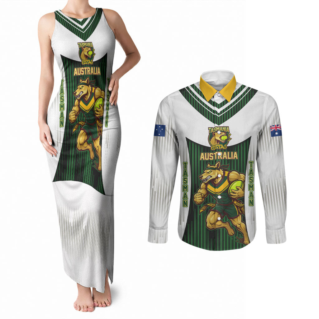Personalised Tasmania Oztag Mascot Couples Matching Tank Maxi Dress and Long Sleeve Button Shirt Green White Stripe Australian Flag Mascot