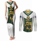 Personalised Tasmania Oztag Mascot Couples Matching Tank Maxi Dress and Long Sleeve Button Shirt Green White Stripe Australian Flag Mascot