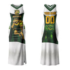 Personalised Tasmania Oztag Mascot Couples Matching Tank Maxi Dress and Long Sleeve Button Shirt Green White Stripe Australian Flag Mascot