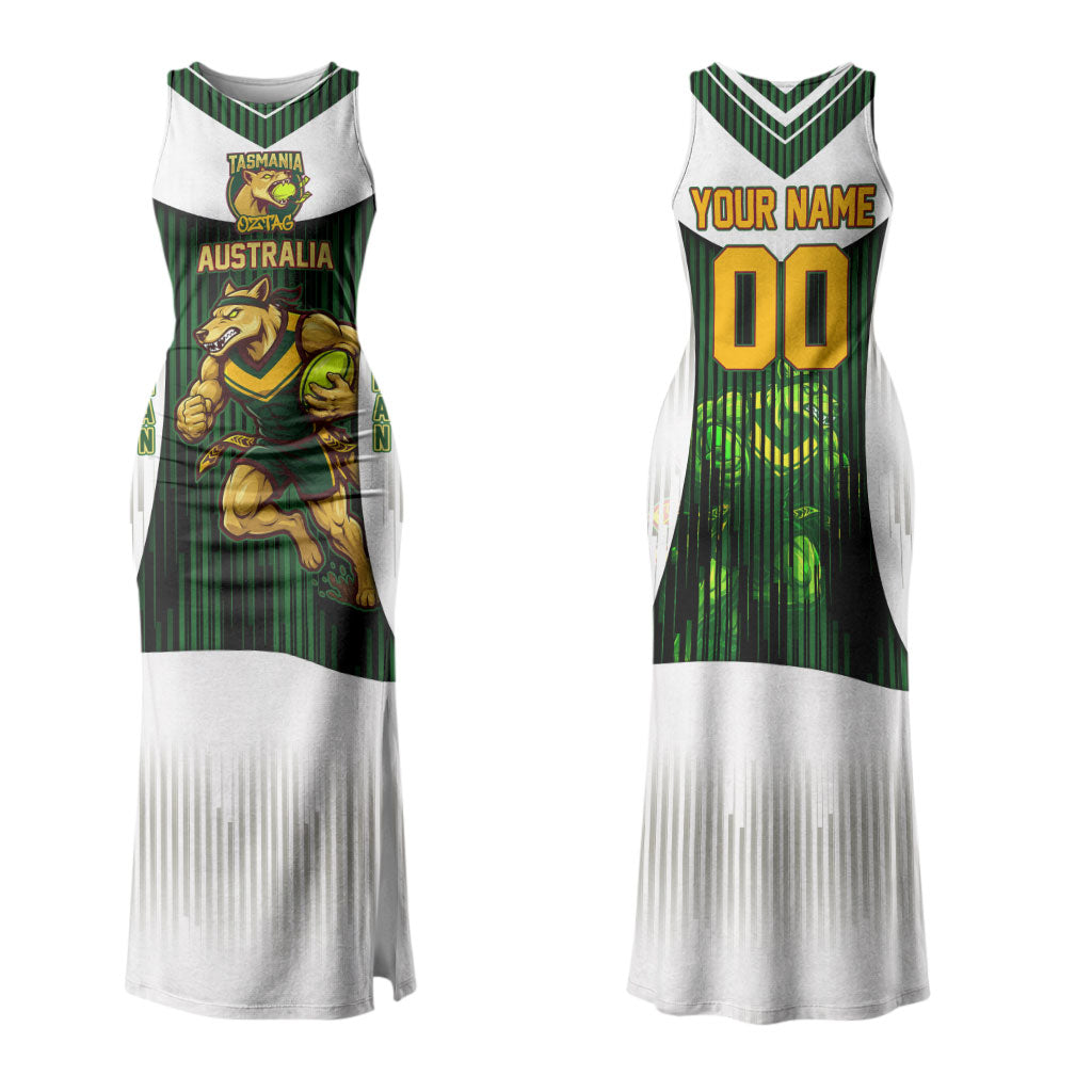 Personalised Tasmania Oztag Mascot Couples Matching Tank Maxi Dress and Long Sleeve Button Shirt Green White Stripe Australian Flag Mascot