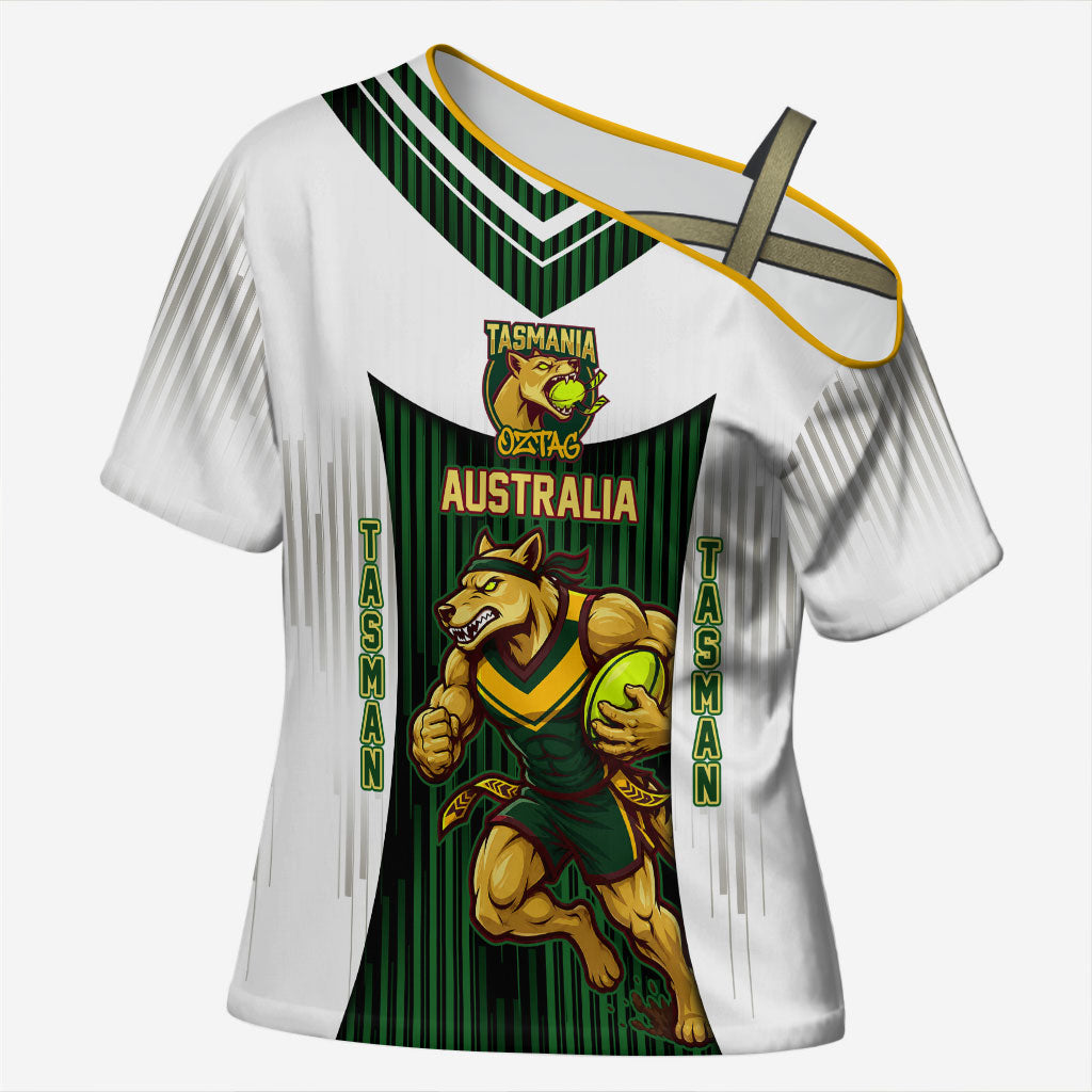Personalised Tasmania Oztag Mascot Cross Shoulder Shirt Green White Stripe Australian Flag Mascot