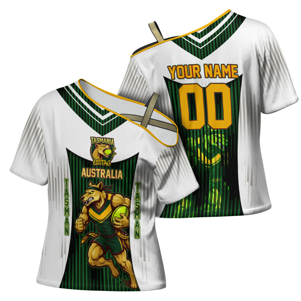 Personalised Tasmania Oztag Mascot Cross Shoulder Shirt Green White Stripe Australian Flag Mascot