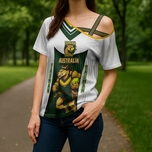 Personalised Tasmania Oztag Mascot Cross Shoulder Shirt Green White Stripe Australian Flag Mascot
