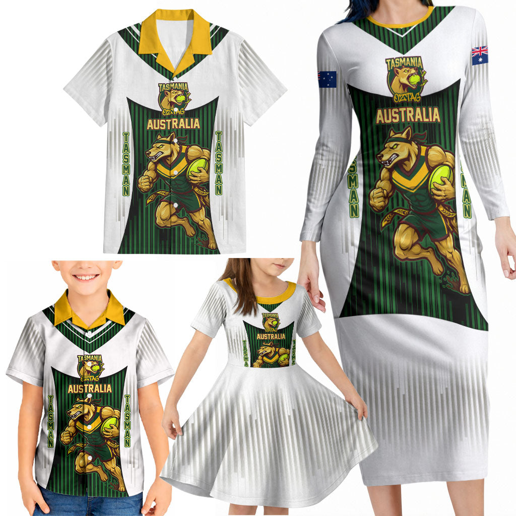 Personalised Tasmania Oztag Mascot Family Matching Long Sleeve Bodycon Dress and Hawaiian Shirt Green White Stripe Australian Flag Mascot