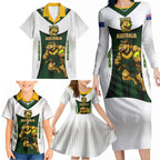 Personalised Tasmania Oztag Mascot Family Matching Long Sleeve Bodycon Dress and Hawaiian Shirt Green White Stripe Australian Flag Mascot