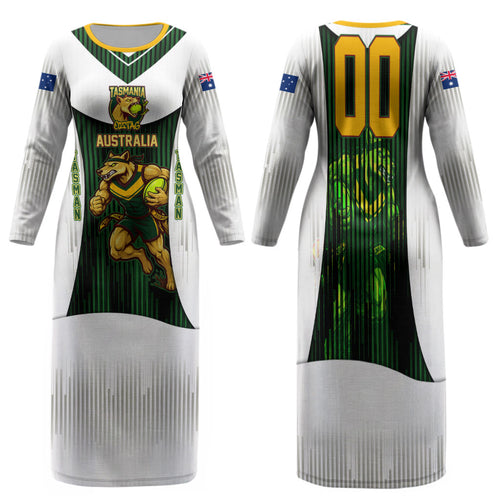 Personalised Tasmania Oztag Mascot Family Matching Long Sleeve Bodycon Dress and Hawaiian Shirt Green White Stripe Australian Flag Mascot