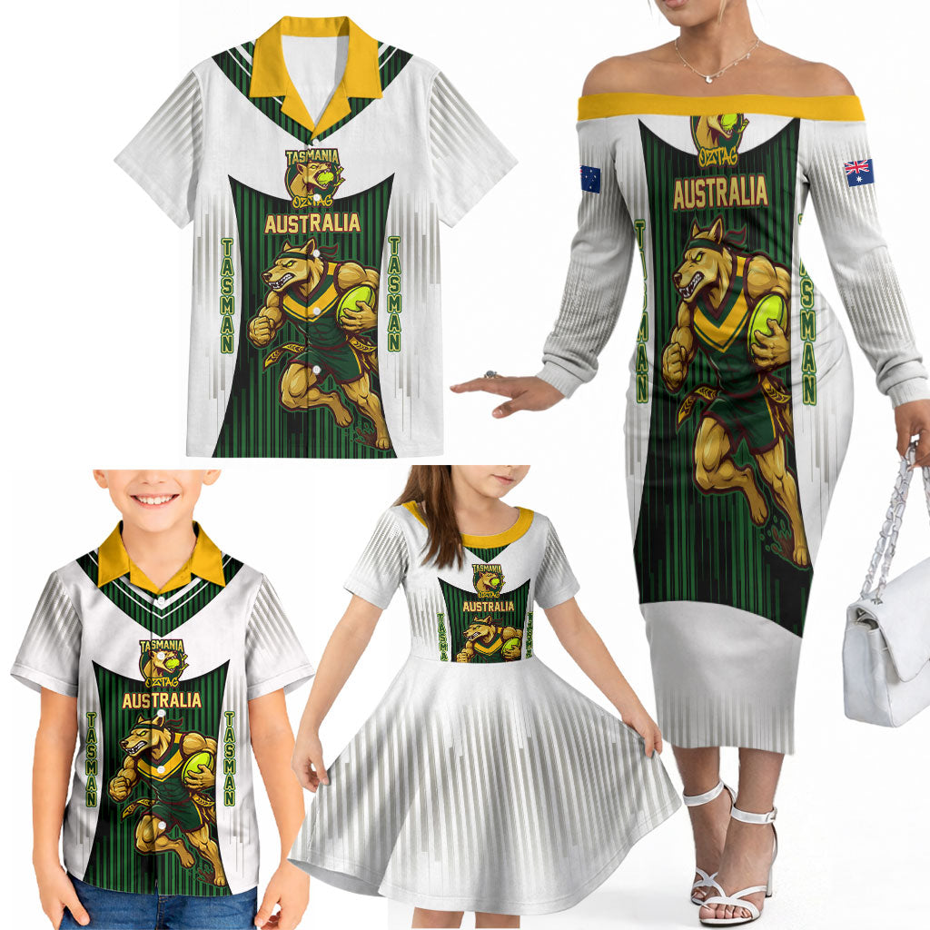 Personalised Tasmania Oztag Mascot Family Matching Off The Shoulder Long Sleeve Dress and Hawaiian Shirt Green White Stripe Australian Flag Mascot