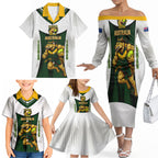 Personalised Tasmania Oztag Mascot Family Matching Off The Shoulder Long Sleeve Dress and Hawaiian Shirt Green White Stripe Australian Flag Mascot