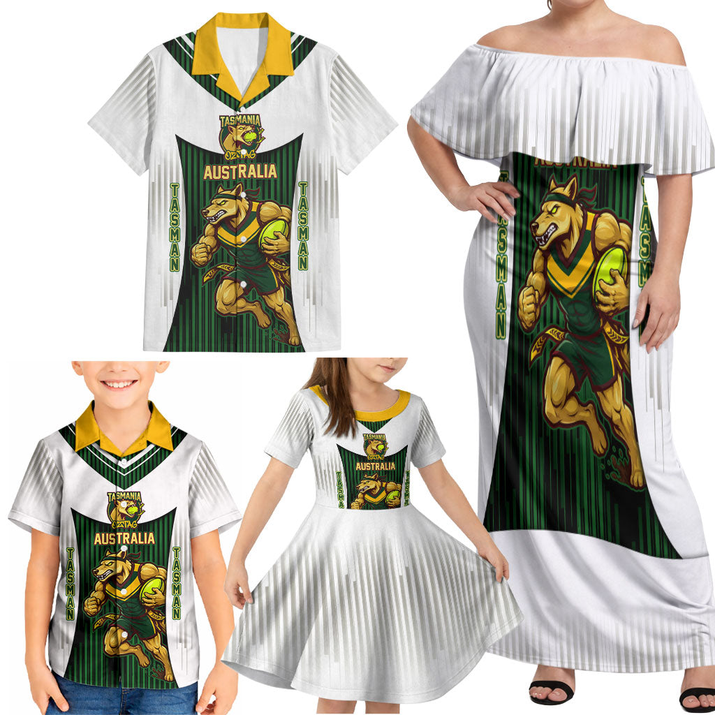 Personalised Tasmania Oztag Mascot Family Matching Off Shoulder Maxi Dress and Hawaiian Shirt Green White Stripe Australian Flag Mascot