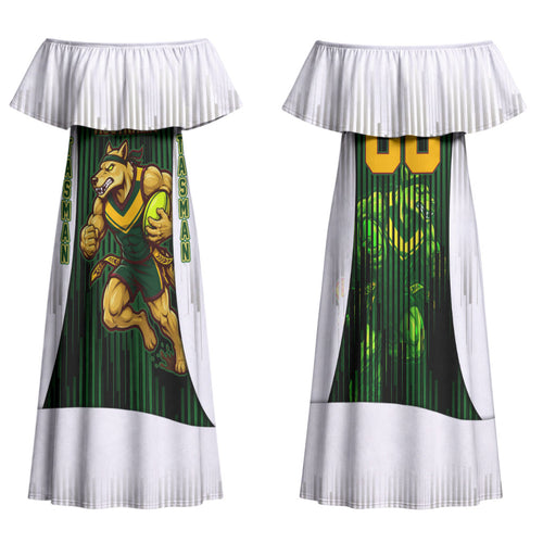 Personalised Tasmania Oztag Mascot Family Matching Off Shoulder Maxi Dress and Hawaiian Shirt Green White Stripe Australian Flag Mascot