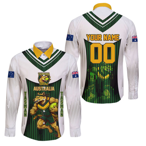 Personalised Tasmania Oztag Mascot Family Matching Off Shoulder Maxi Dress and Hawaiian Shirt Green White Stripe Australian Flag Mascot