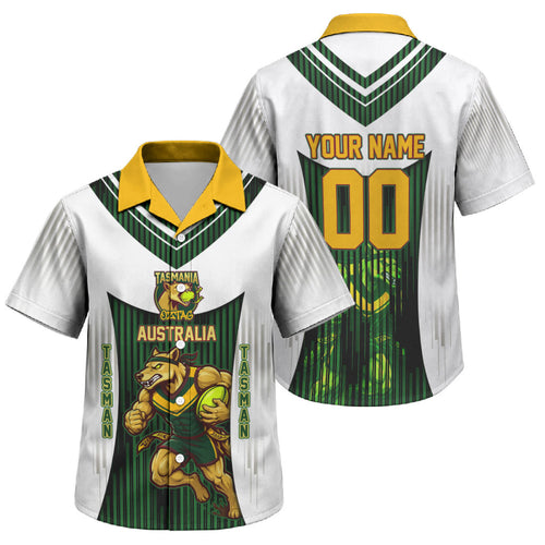 Personalised Tasmania Oztag Mascot Family Matching Off Shoulder Maxi Dress and Hawaiian Shirt Green White Stripe Australian Flag Mascot