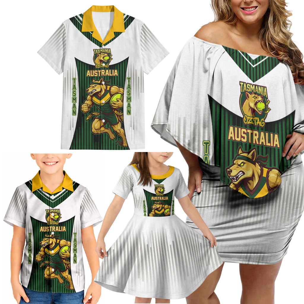 Personalised Tasmania Oztag Mascot Family Matching Off Shoulder Short Dress and Hawaiian Shirt Green White Stripe Australian Flag Mascot