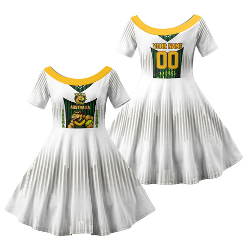 Personalised Tasmania Oztag Mascot Family Matching Off Shoulder Short Dress and Hawaiian Shirt Green White Stripe Australian Flag Mascot