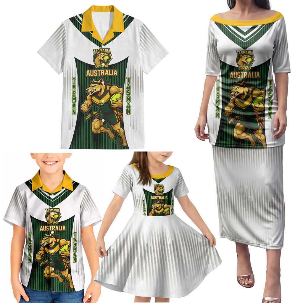 Personalised Tasmania Oztag Mascot Family Matching Puletasi and Hawaiian Shirt Green White Stripe Australian Flag Mascot