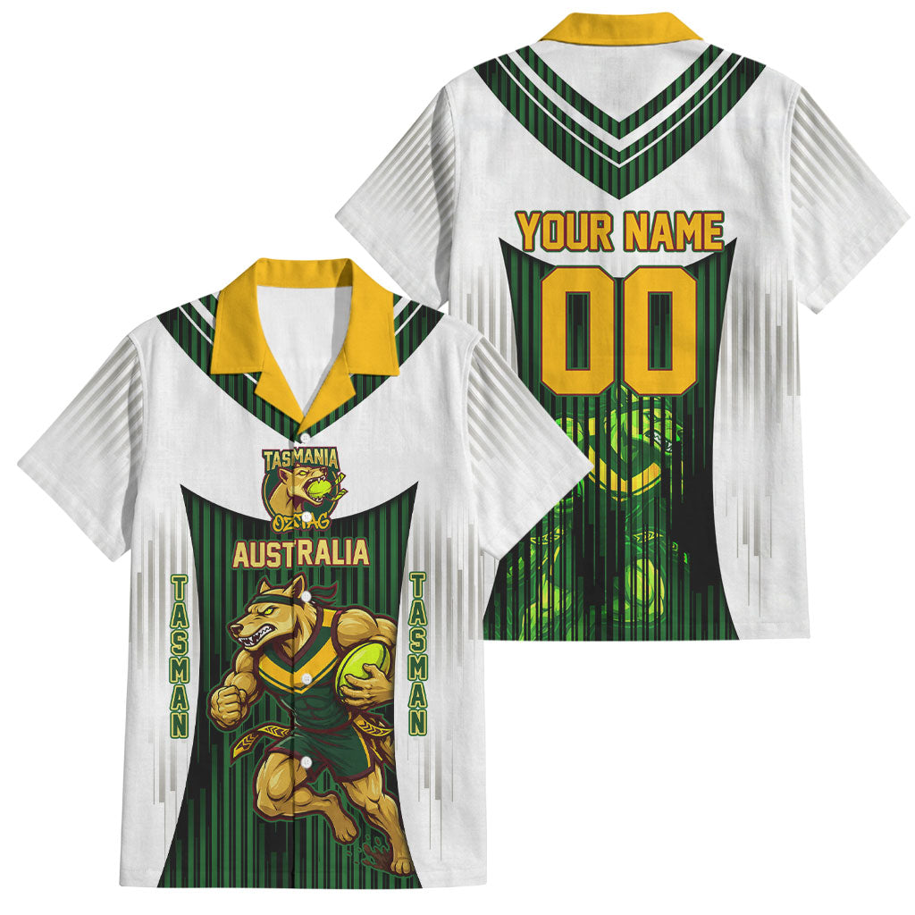 Personalised Tasmania Oztag Mascot Family Matching Puletasi and Hawaiian Shirt Green White Stripe Australian Flag Mascot