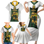 Personalised Tasmania Oztag Mascot Family Matching Short Sleeve Bodycon Dress and Hawaiian Shirt Green White Stripe Australian Flag Mascot