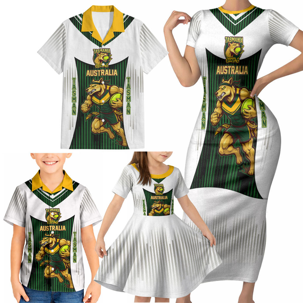 Personalised Tasmania Oztag Mascot Family Matching Short Sleeve Bodycon Dress and Hawaiian Shirt Green White Stripe Australian Flag Mascot