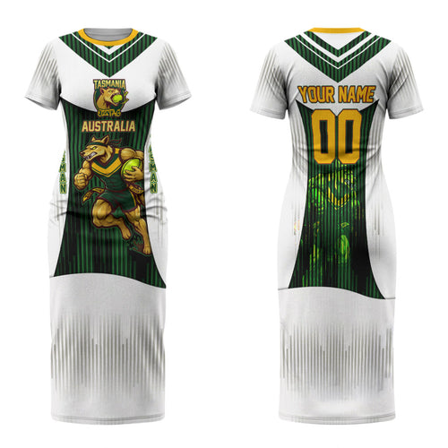 Personalised Tasmania Oztag Mascot Family Matching Short Sleeve Bodycon Dress and Hawaiian Shirt Green White Stripe Australian Flag Mascot