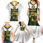 Personalised Tasmania Oztag Mascot Family Matching Summer Maxi Dress and Hawaiian Shirt Green White Stripe Australian Flag Mascot