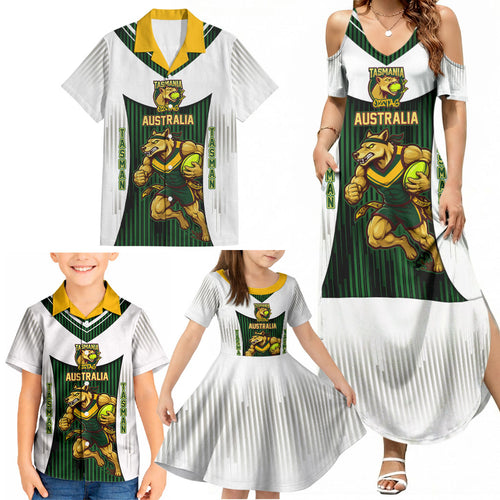 Personalised Tasmania Oztag Mascot Family Matching Summer Maxi Dress and Hawaiian Shirt Green White Stripe Australian Flag Mascot