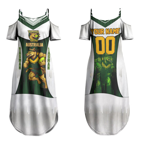 Personalised Tasmania Oztag Mascot Family Matching Summer Maxi Dress and Hawaiian Shirt Green White Stripe Australian Flag Mascot