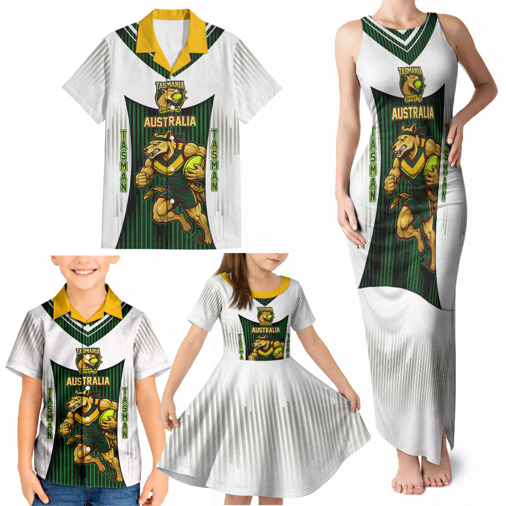 Personalised Tasmania Oztag Mascot Family Matching Tank Maxi Dress and Hawaiian Shirt Green White Stripe Australian Flag Mascot