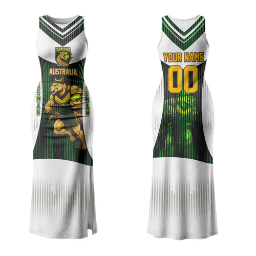 Personalised Tasmania Oztag Mascot Family Matching Tank Maxi Dress and Hawaiian Shirt Green White Stripe Australian Flag Mascot