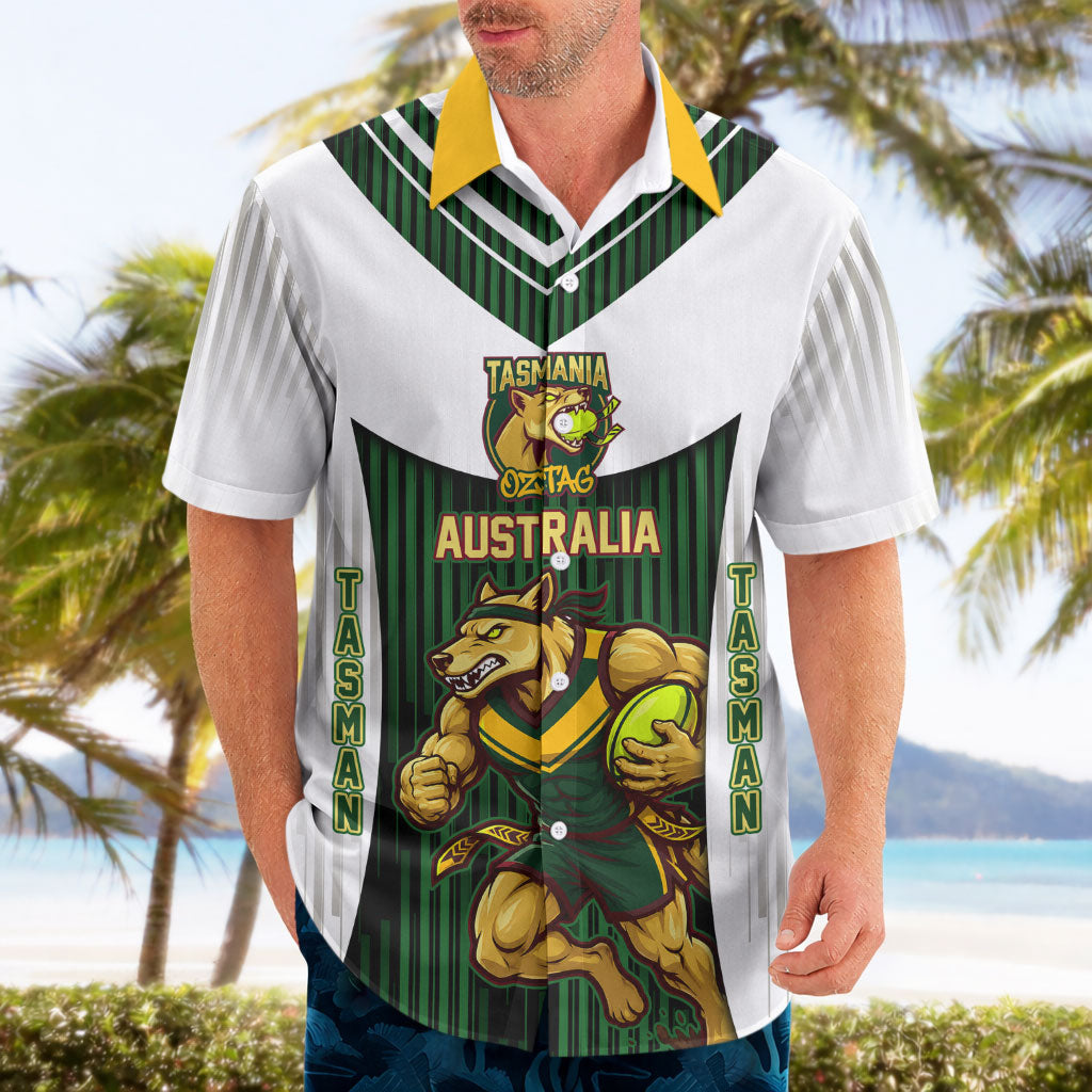 Personalised Tasmania Oztag Mascot Hawaiian Shirt Green White Stripe Australian Flag Mascot