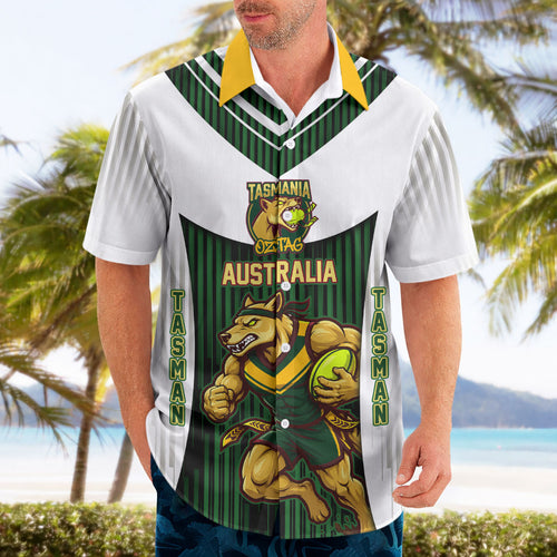 Personalised Tasmania Oztag Mascot Hawaiian Shirt Green White Stripe Australian Flag Mascot