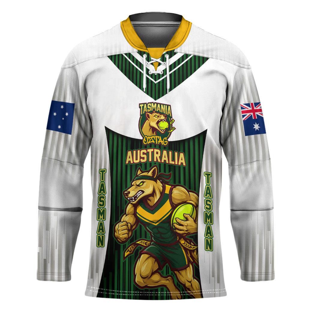 Personalised Tasmania Oztag Mascot Hockey Jersey Green White Stripe Australian Flag Mascot