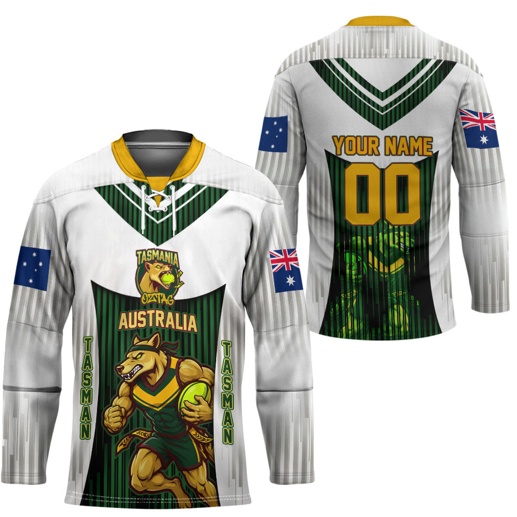 Personalised Tasmania Oztag Mascot Hockey Jersey Green White Stripe Australian Flag Mascot