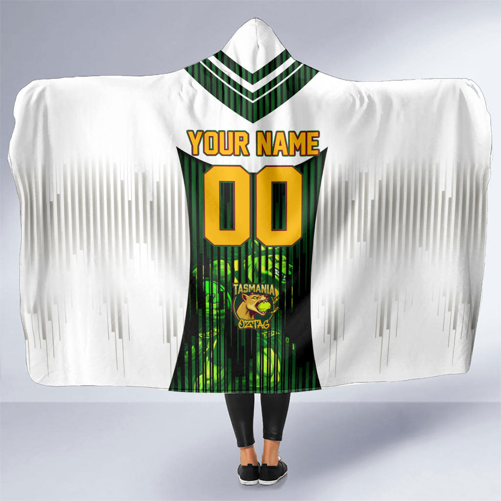 Personalised Tasmania Oztag Mascot Hooded Blanket Green White Stripe Australian Flag Mascot