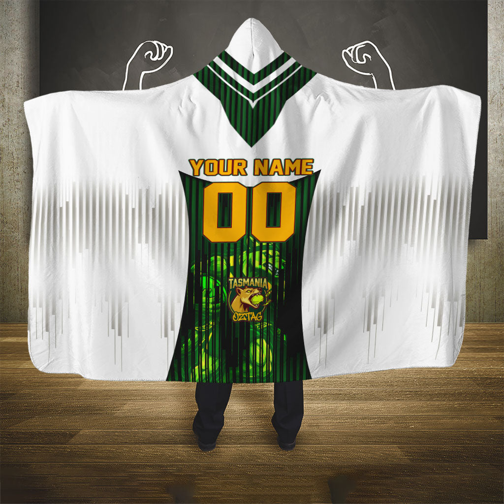 Personalised Tasmania Oztag Mascot Hooded Blanket Green White Stripe Australian Flag Mascot
