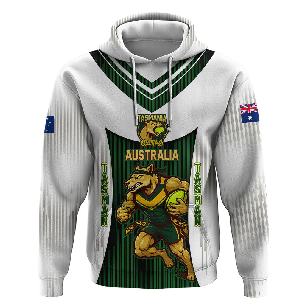 Personalised Tasmania Oztag Mascot Hoodie Green White Stripe Australian Flag Mascot