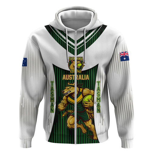 Personalised Tasmania Oztag Mascot Hoodie Green White Stripe Australian Flag Mascot